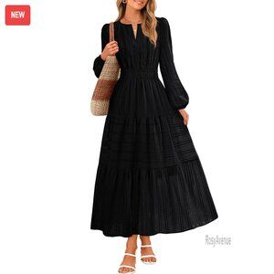 Long Sleeve V Neck Tiered Cotton Maxi Dress with Pockets, Size M